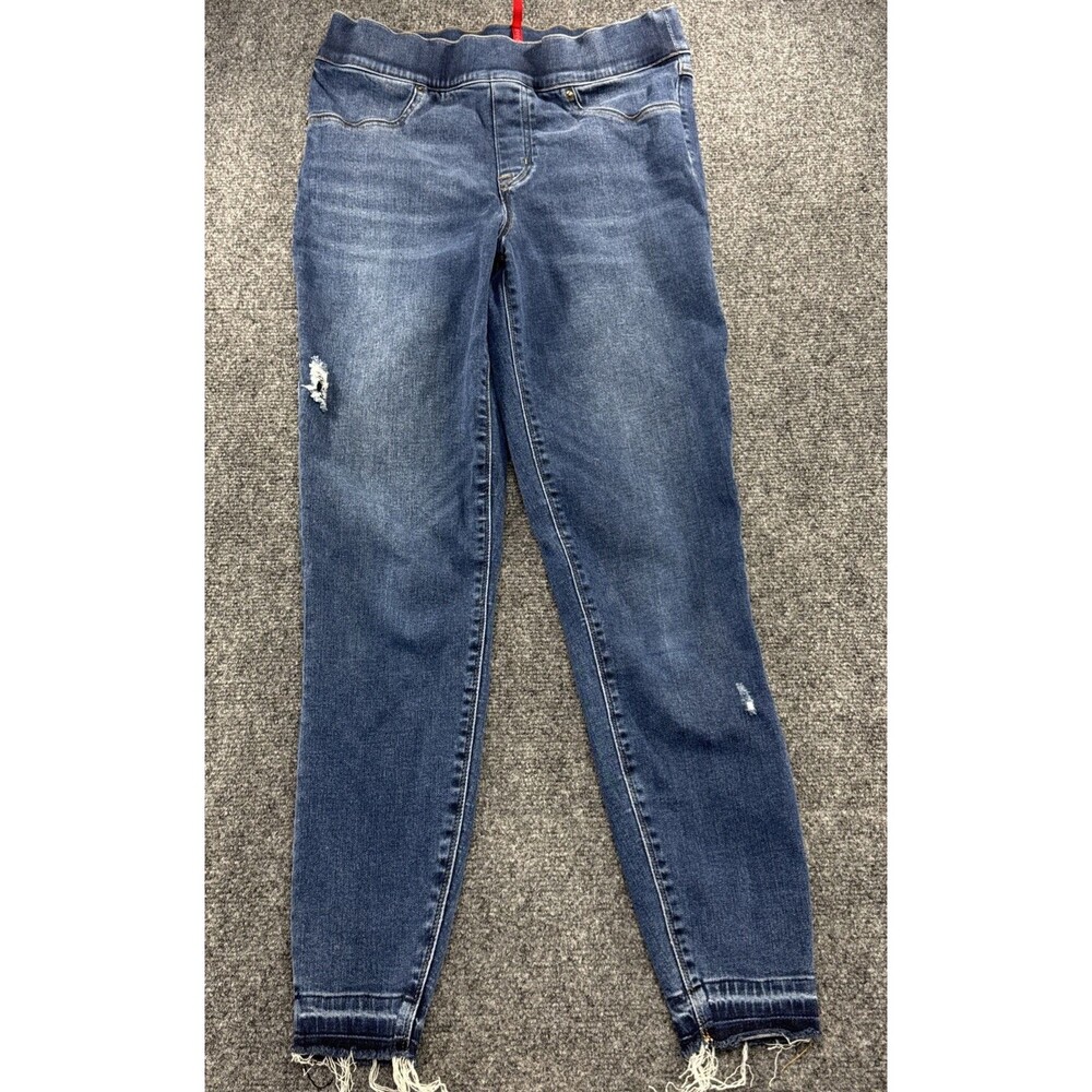 SPANX Distressed Skinny Jeans Womens M Medium Wash Pull On Raw Hem Stretch Denim